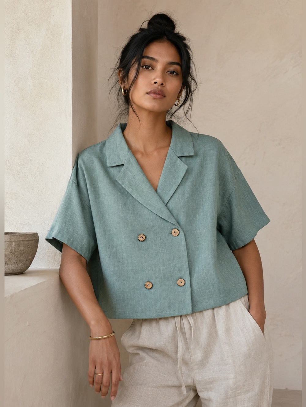 Linen Handmaid Studio Sea-foam Blue Boxy Cropped Short Sleeve Blazer Jacket M